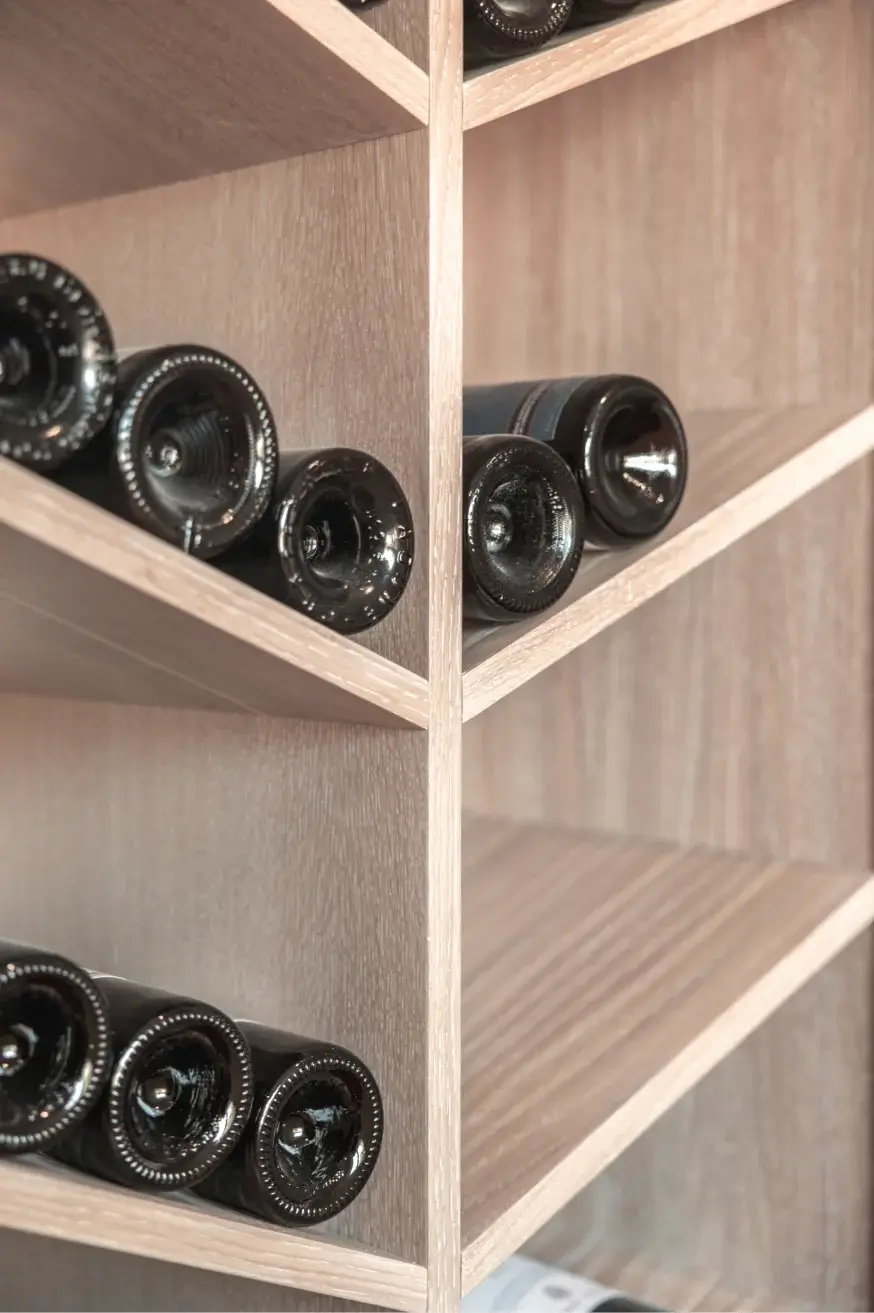 Close up of bespoke fitted wine storage in