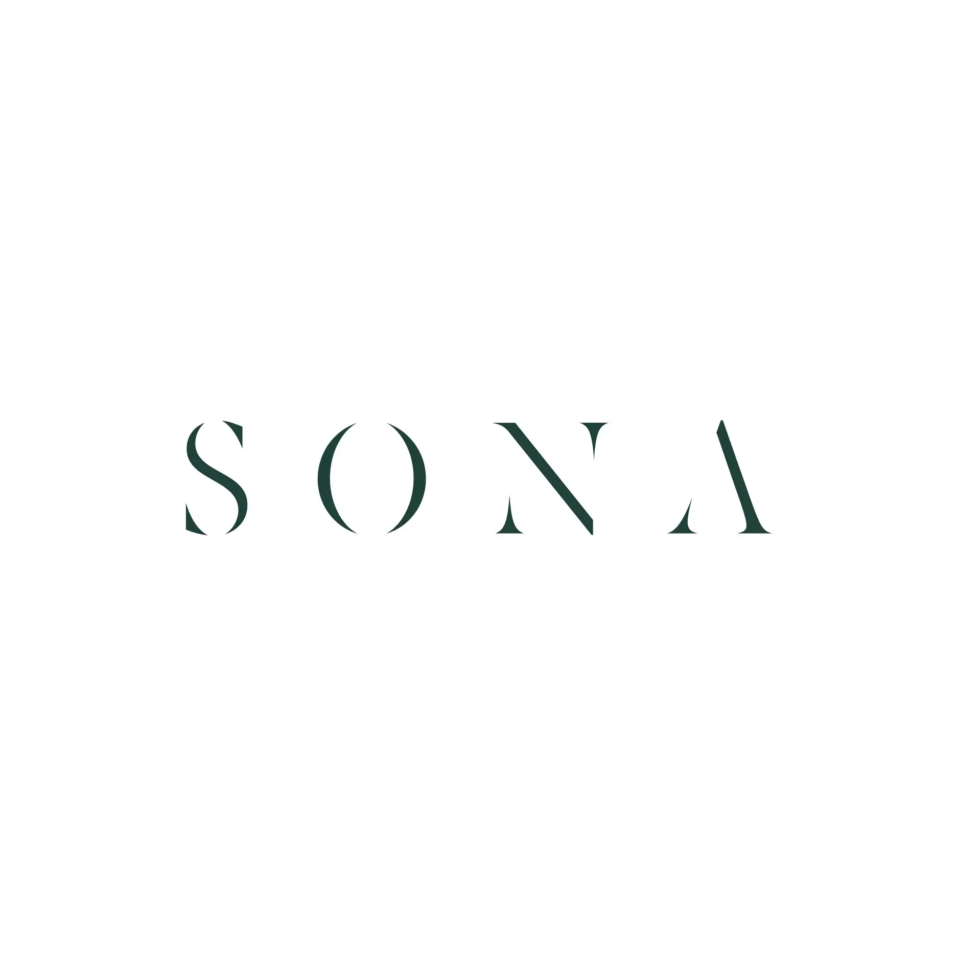 SONA wordmark in dark green using a modern high-contrast serif stencil-style type on a white background