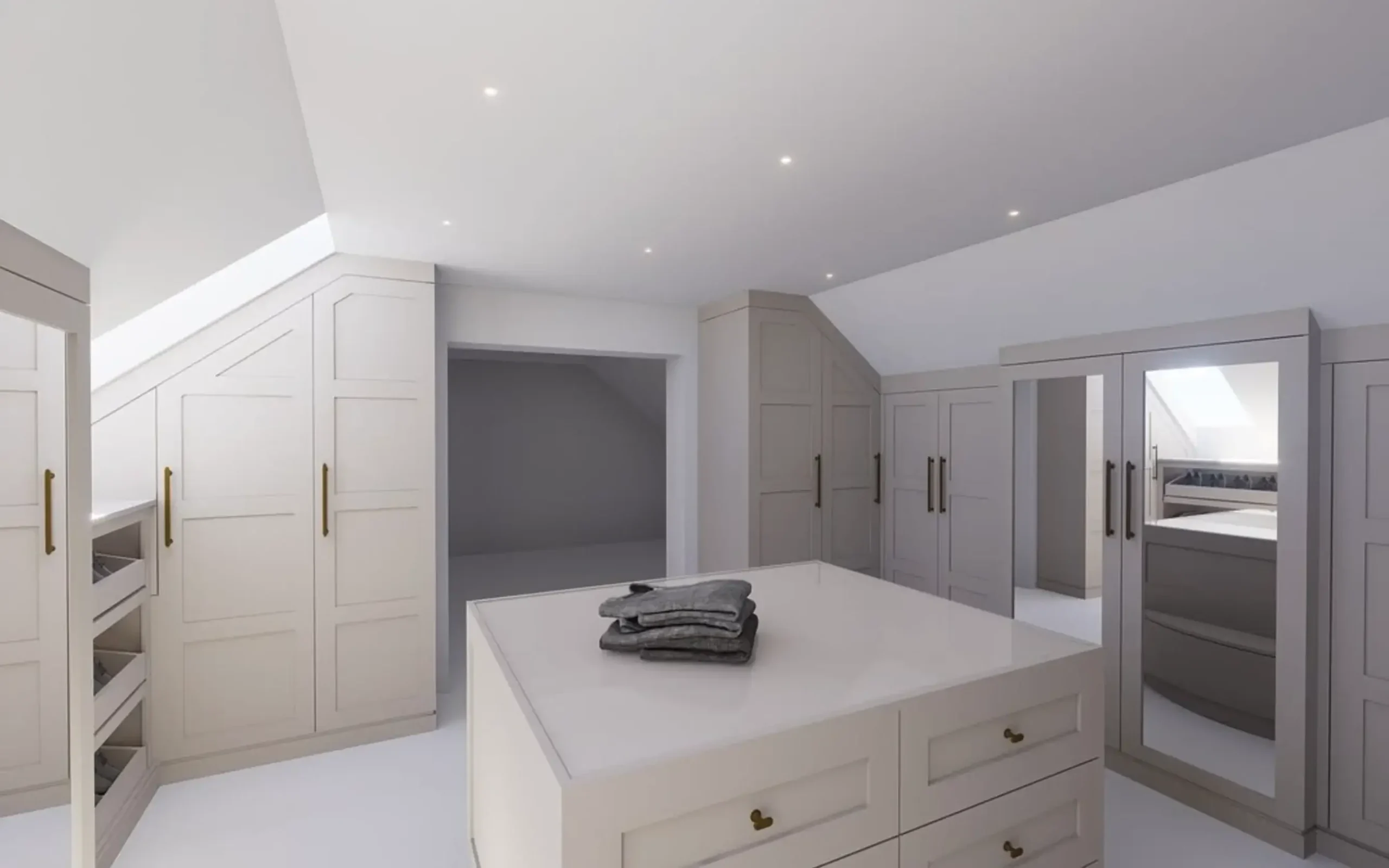Bright, modern walk-in closet with built-in cream cabinets, center island drawers, mirrored wardrobe and folded clothes on top.
